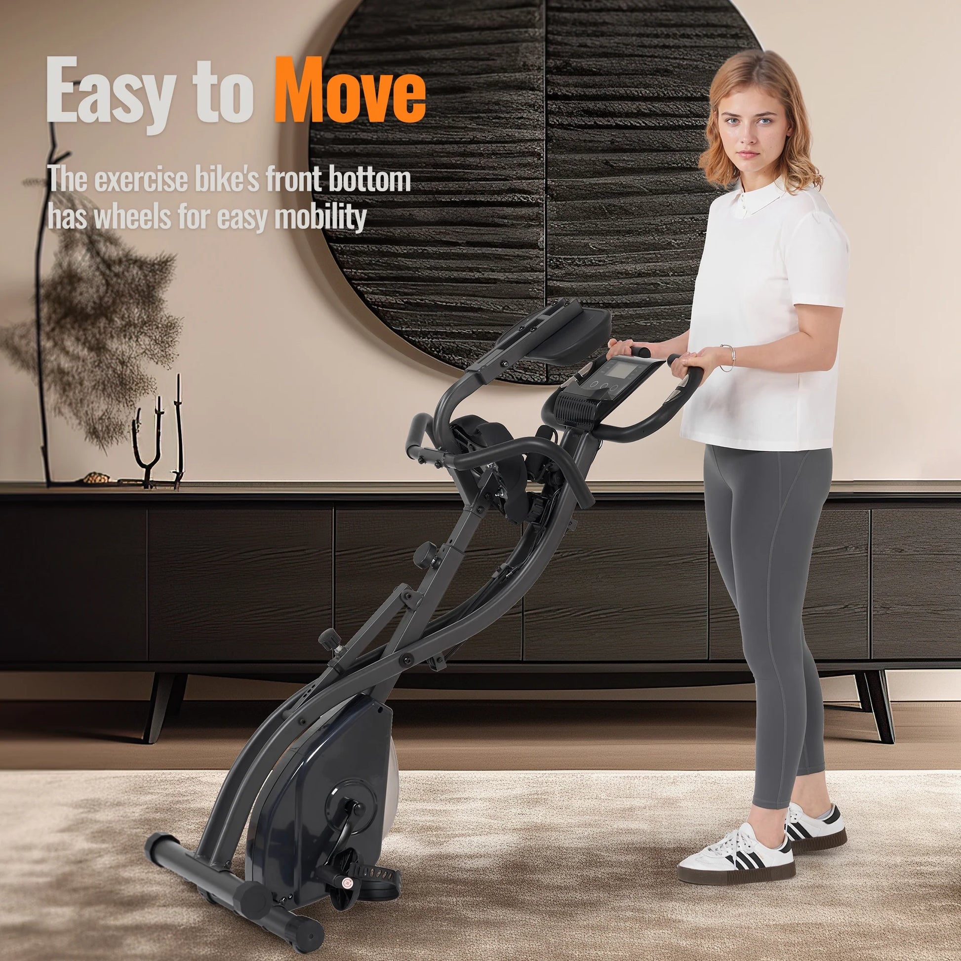 3 in 1 Exercise Bike Quiet Folding Magnetic Stationary Exercise Bikes with Arm Resistance Bands Home Workout Use